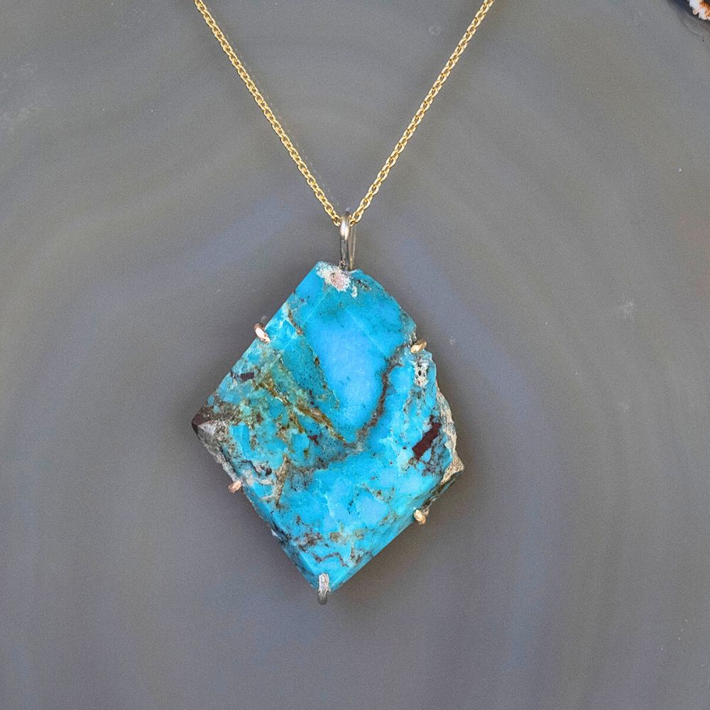 Arizona Turquoise Extra Large Stone Pendant with a Yellow Gold Cable Chain