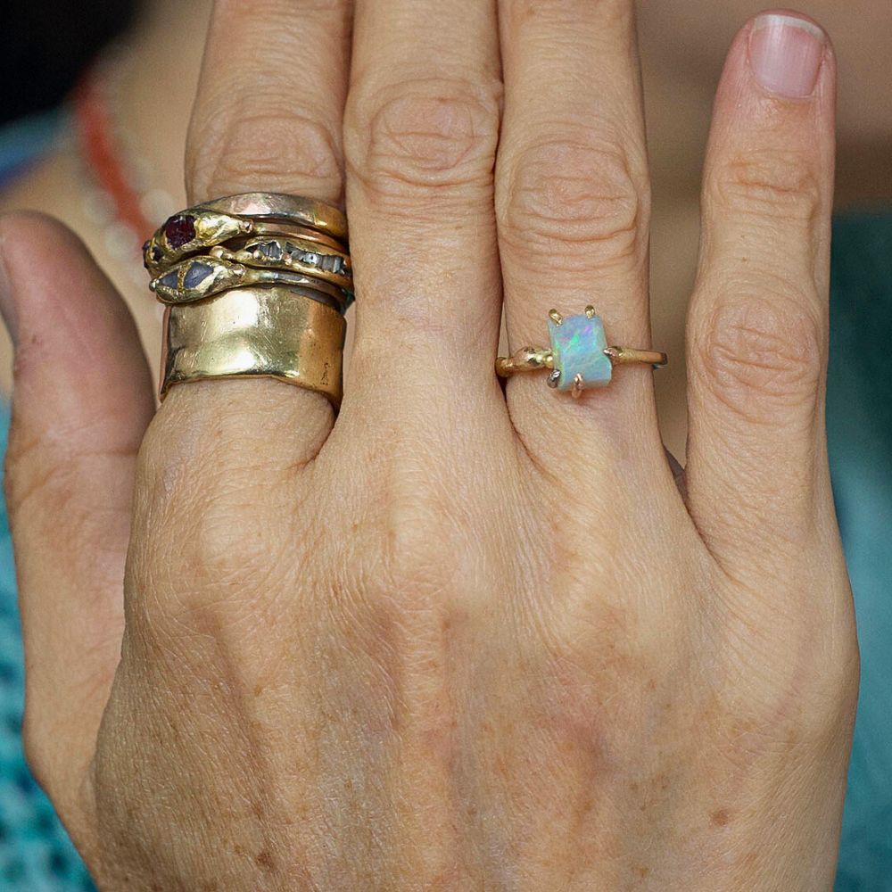 Australian Exceptional Opal Small Stone Ring on a Yellow Gold Band