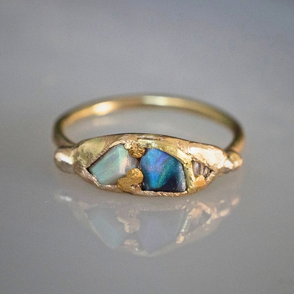 Large Australian Opal and Baguette Diamond  Band with a Yellow Gold Band