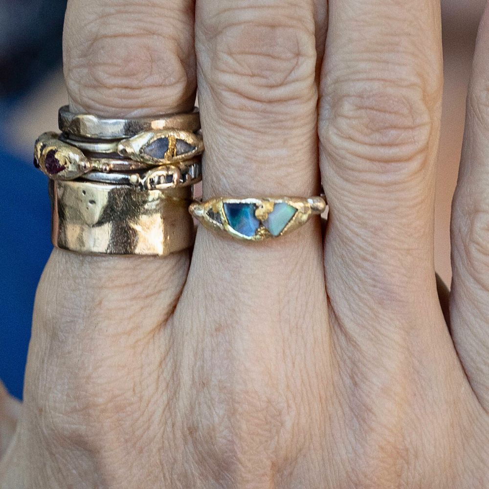 Large Australian Opal and Baguette Diamond  Band with a Yellow Gold Band