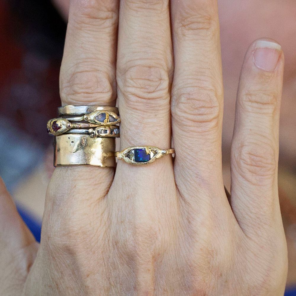 Australian Dark Opal and Baguette Diamond  Band with a Yellow Gold Band