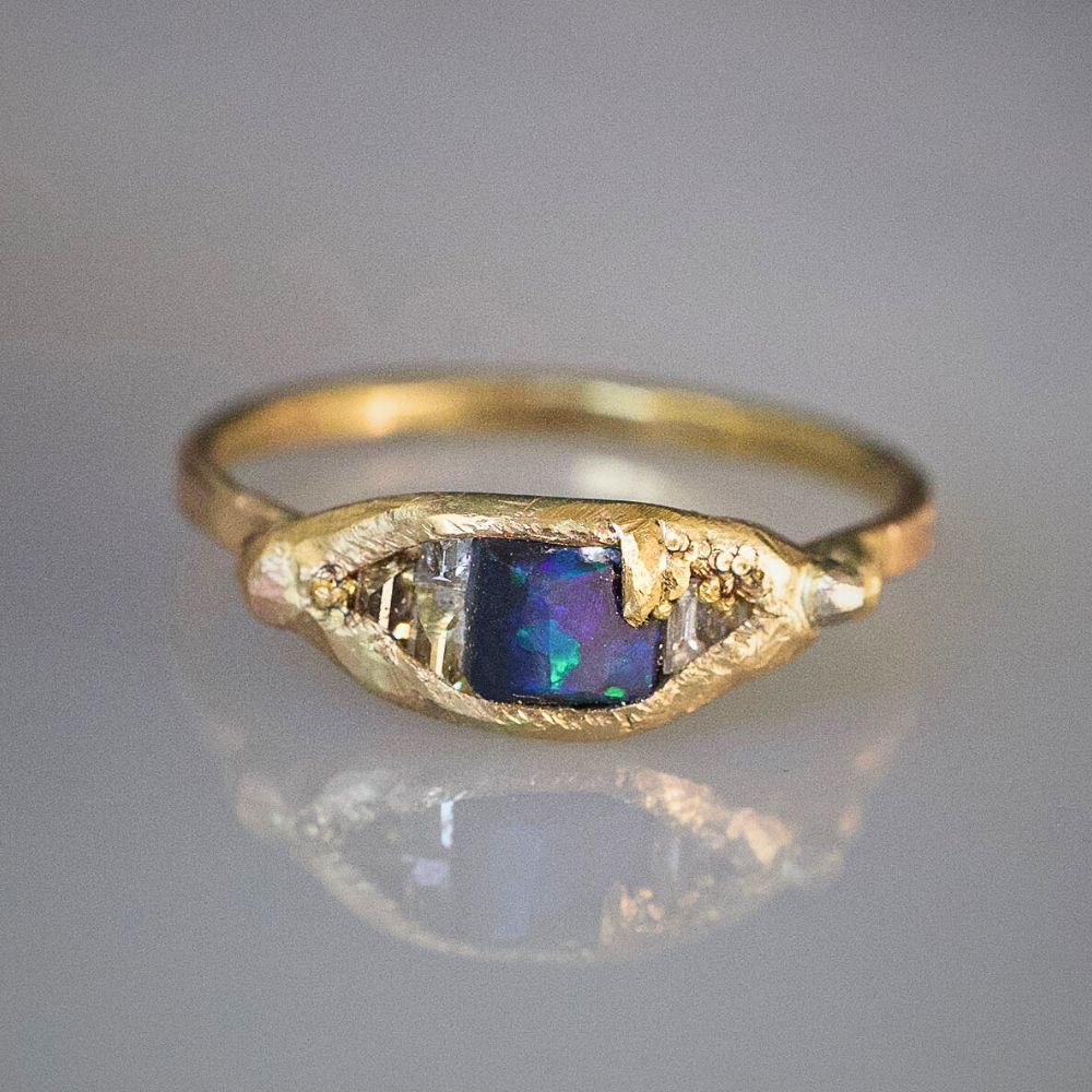 Australian Dark Opal and Baguette Diamond  Band with a Yellow Gold Band