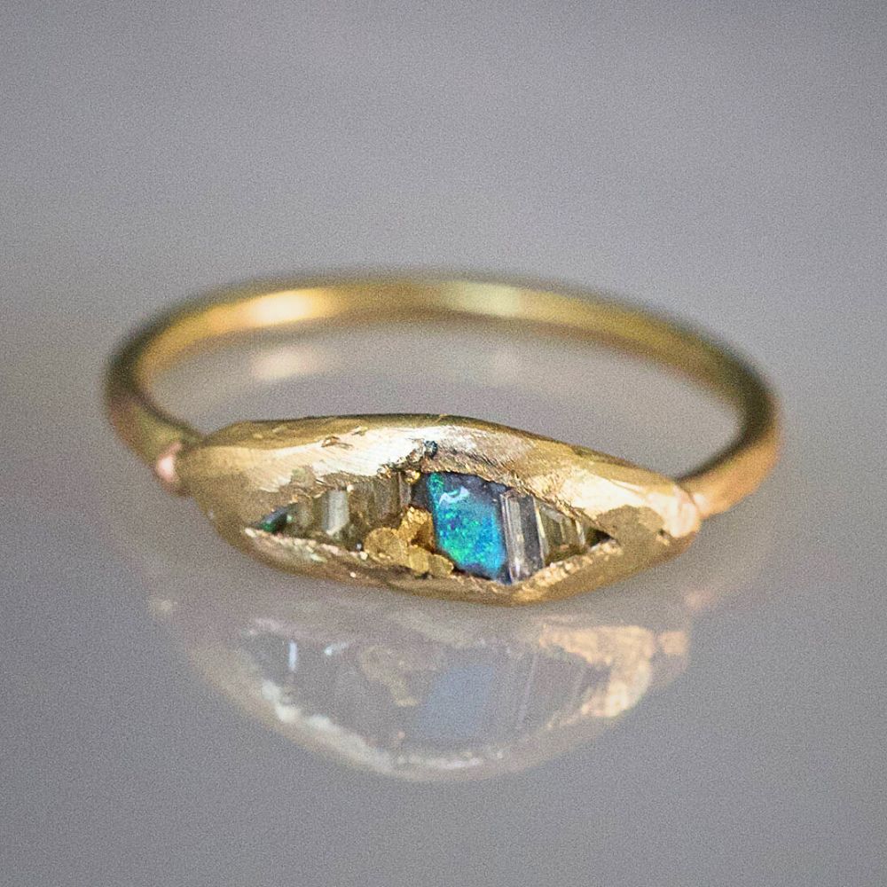 Australian Opal and Baguette Diamond  Band with a Yellow Gold Band