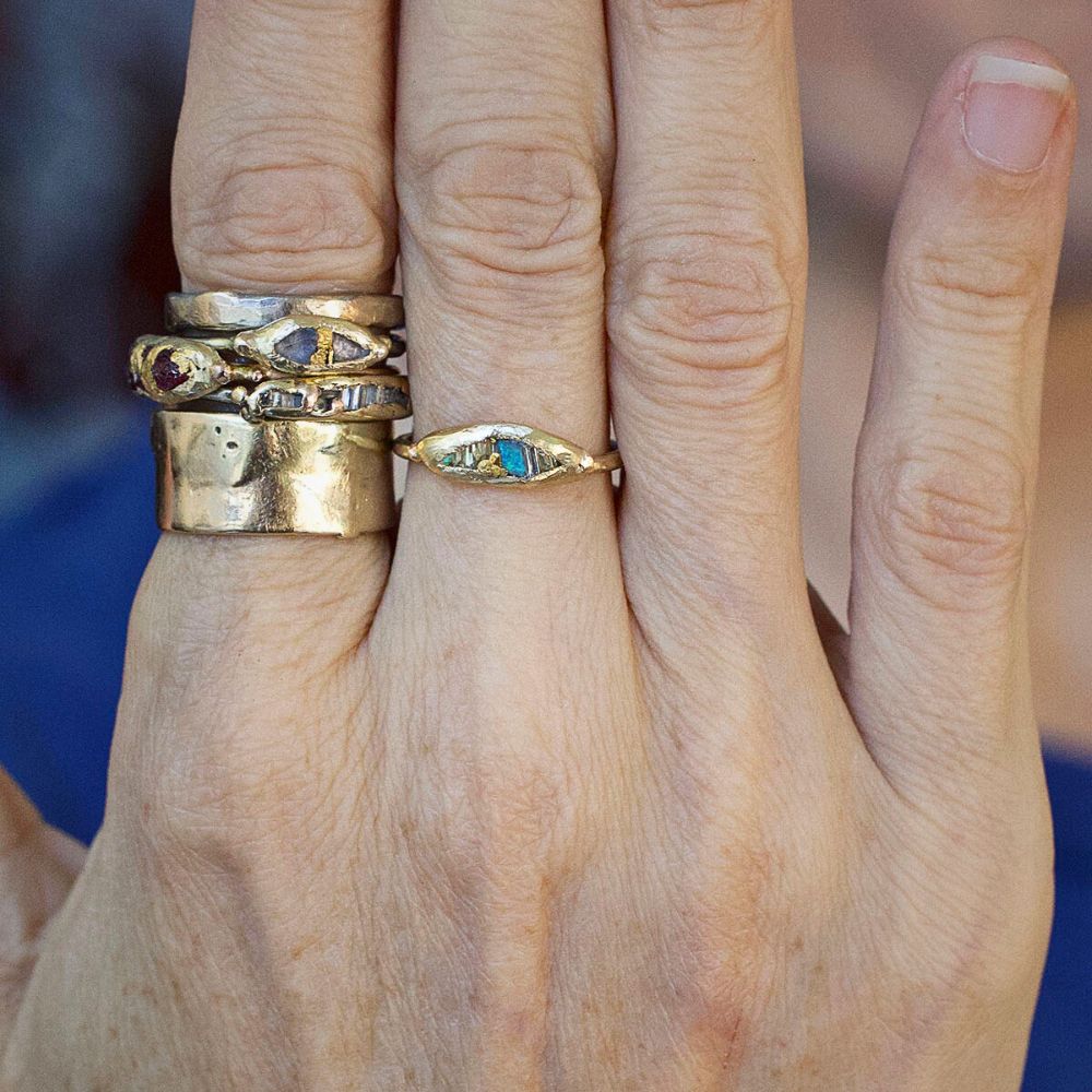 Australian Opal and Baguette Diamond  Band with a Yellow Gold Band