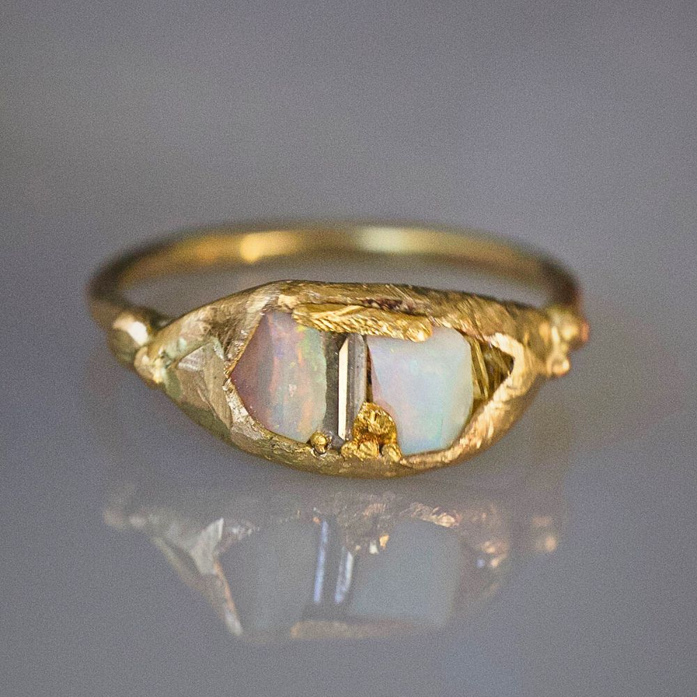 Large Australian Opal and Baguette Diamond  Band with a Yellow Gold Band