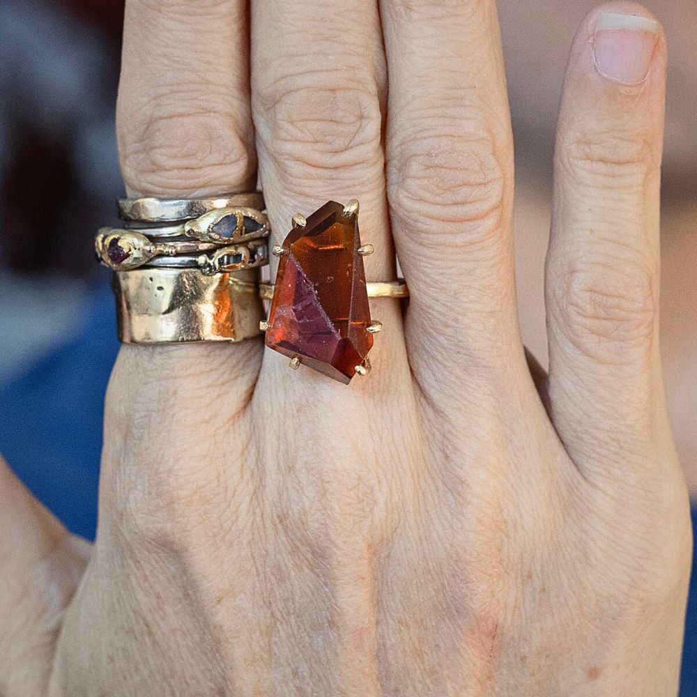 CitrineLarge Stone Ring on a 2MM Gold Skinny Seamed Band