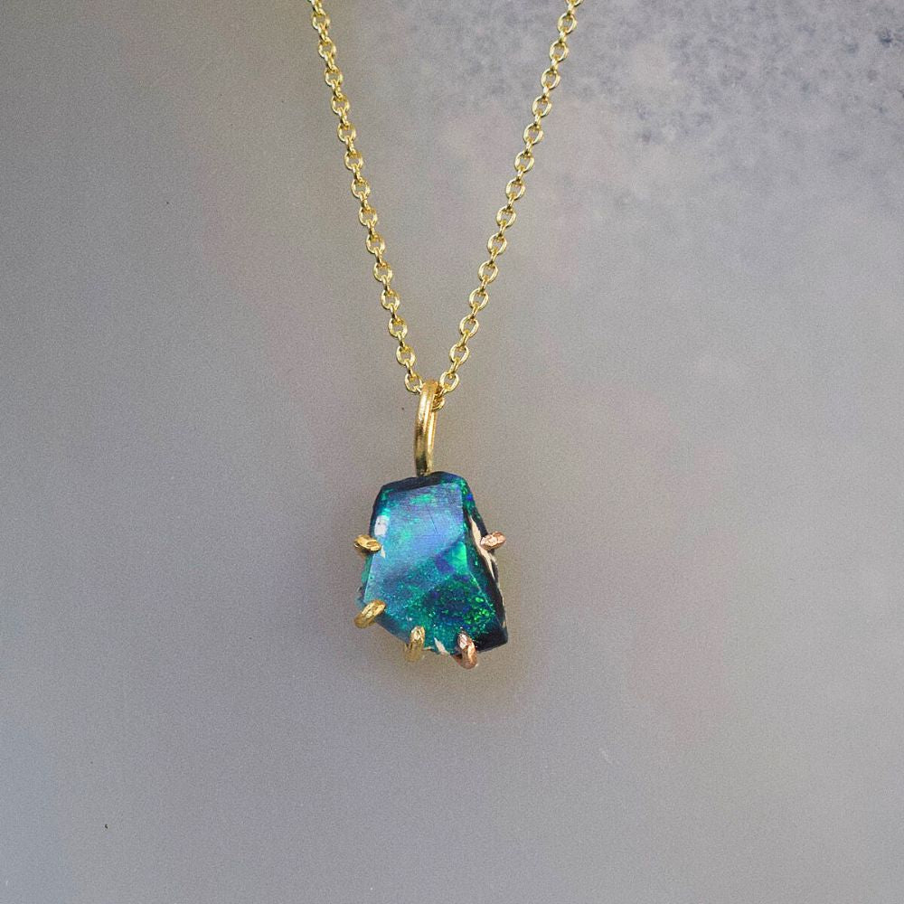 Australian Exceptional Opal Small Stone Pendant with a Yellow Gold Cable Chain