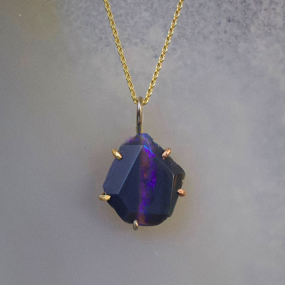 Australian Dark Purple Opal Medium Stone Pendant with a Yellow Gold Cable Chain