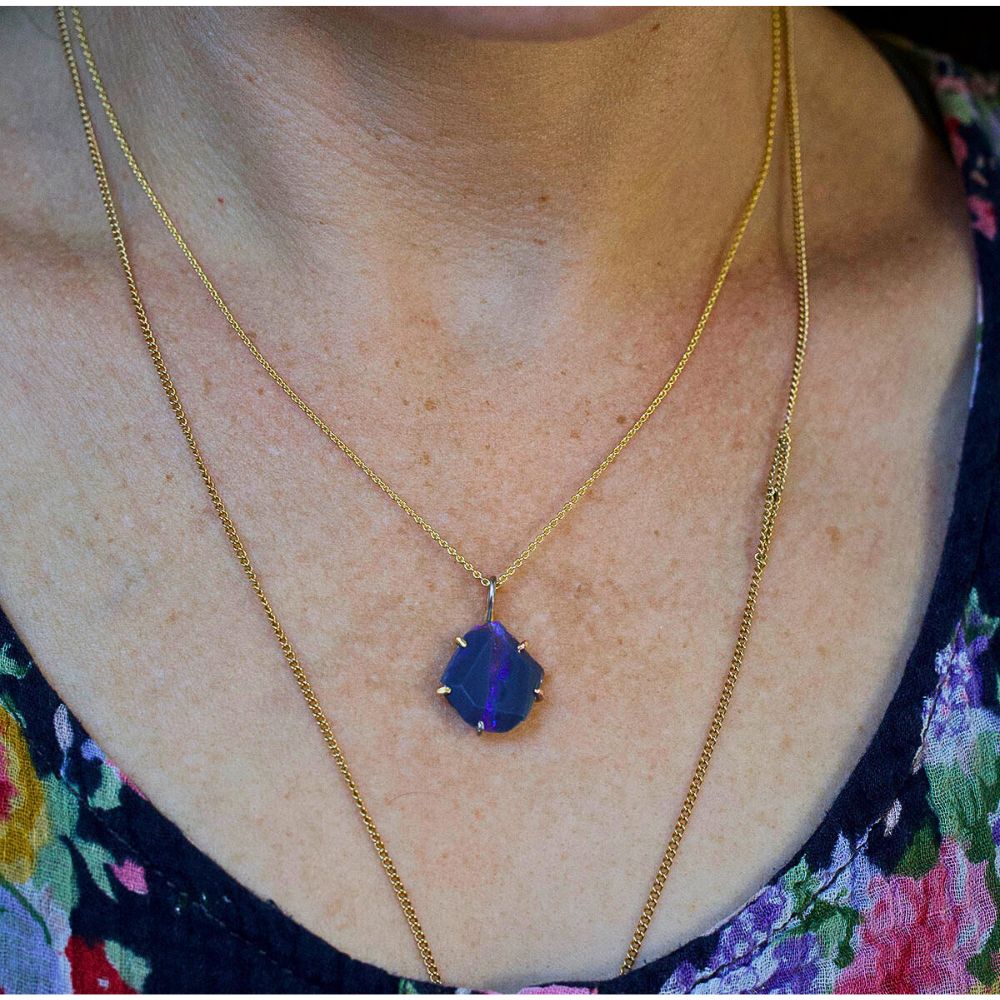 Australian Dark Purple Opal Medium Stone Pendant with a Yellow Gold Cable Chain