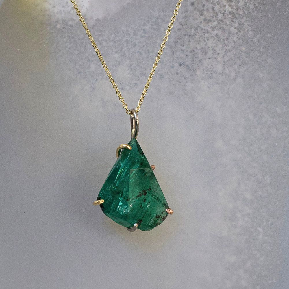 Zambian Emerald Large Stone Pendant with a Yellow Gold Cable Chain