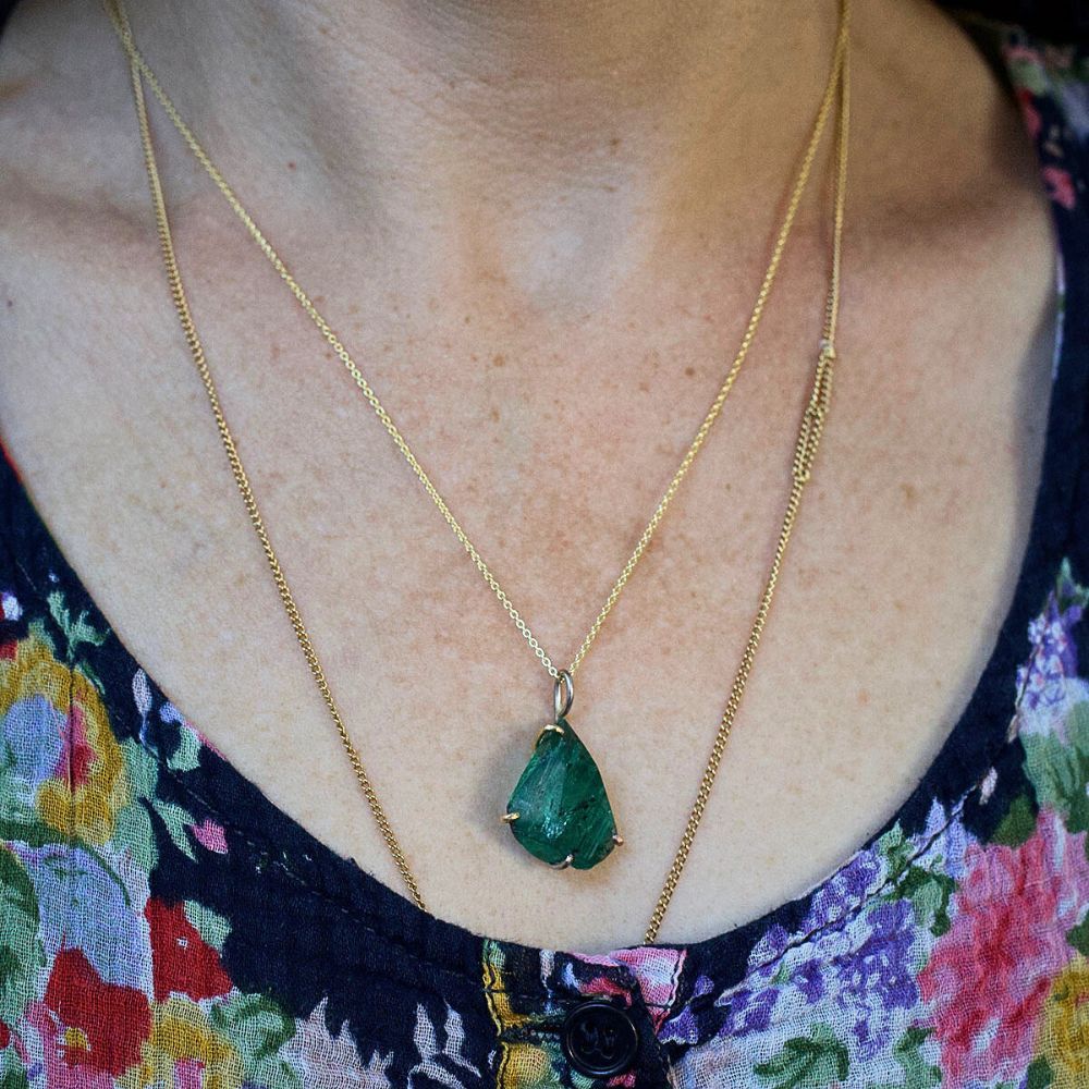 Zambian Emerald Large Stone Pendant with a Yellow Gold Cable Chain