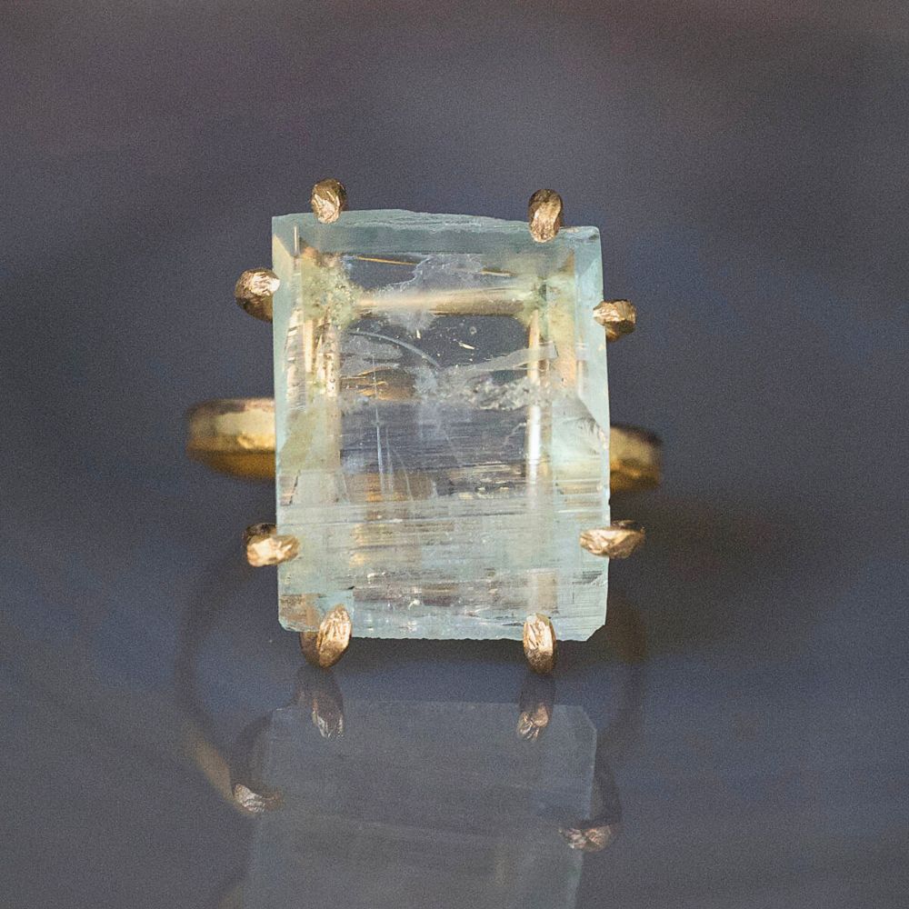 Aquamarine Large Stone Ring on a 2MM Gold Skinny Seamed Band