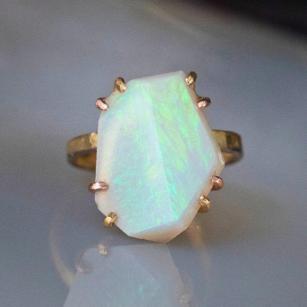 Australian Exceptional Opal Large Stone Ring on a 2MM Gold Skinny Seamed Band