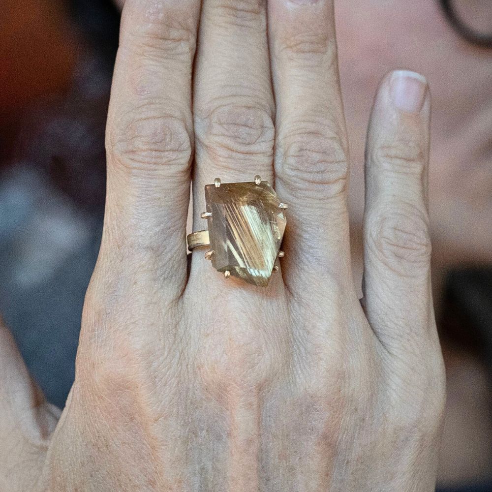 Rutilated Quartz Large Stone Ring on a 3MM Gold Skinny Seamed Band