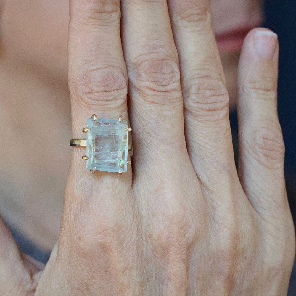 Aquamarine Large Stone Ring on a 2MM Gold Skinny Seamed Band