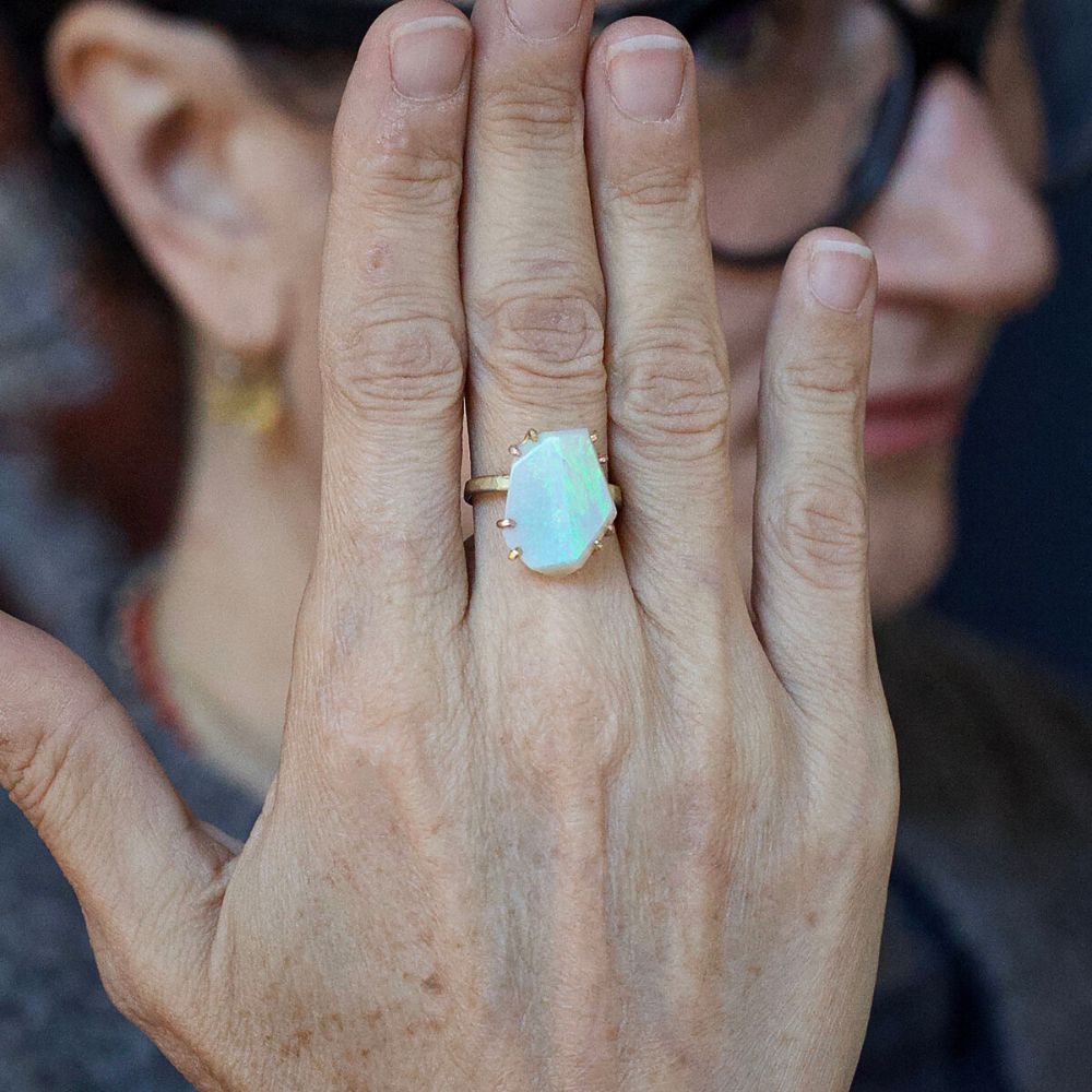 Australian Exceptional Opal Large Stone Ring on a 2MM Gold Skinny Seamed Band