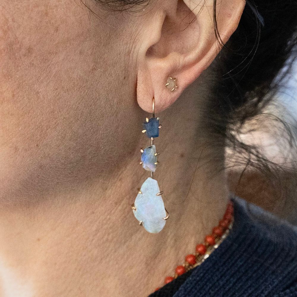 Thai Sapphire and Australian Opal Asymmetrical Day to NIght Earring Set