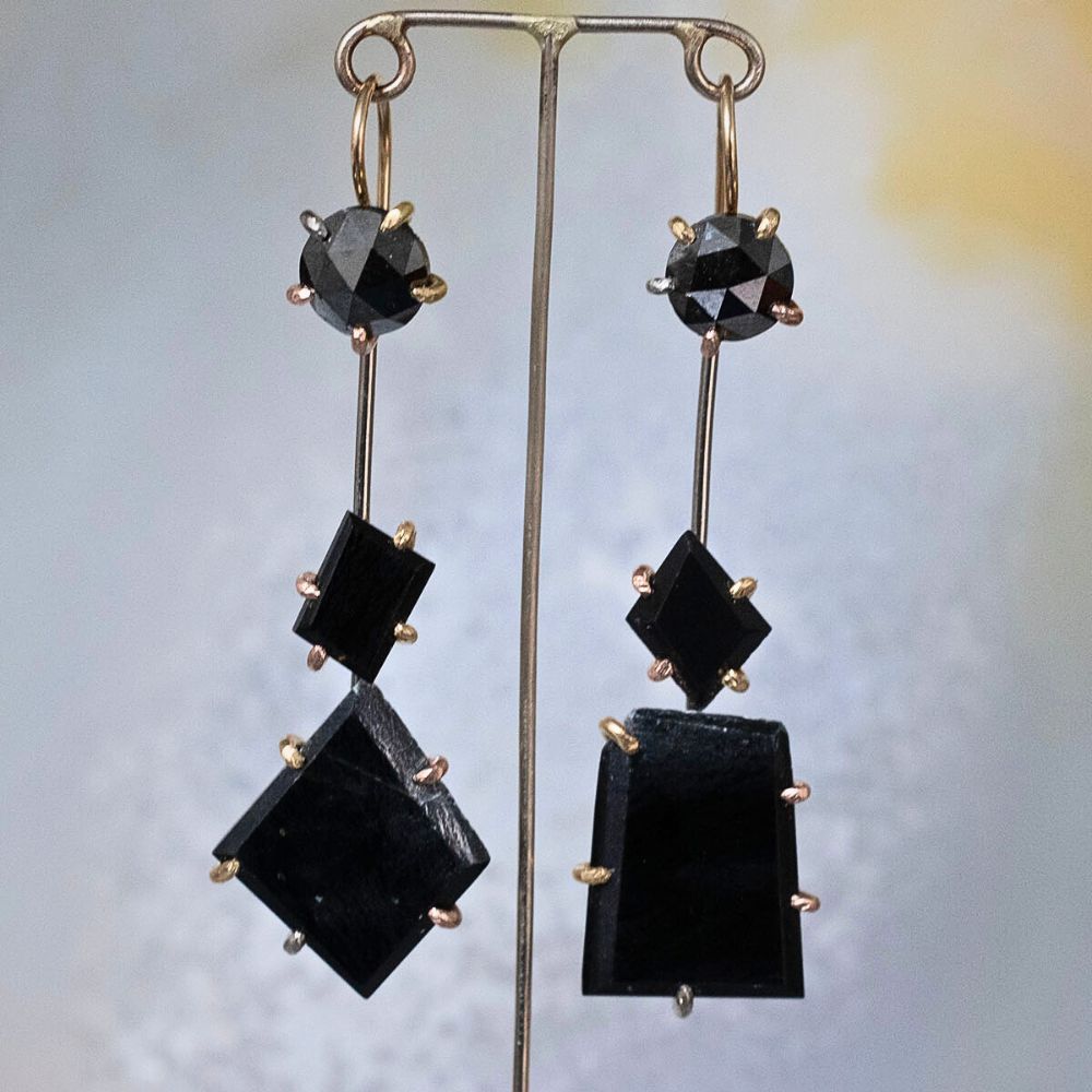 Black Rose Cut Diamond and Double Black Jade Day to Night Earring Set