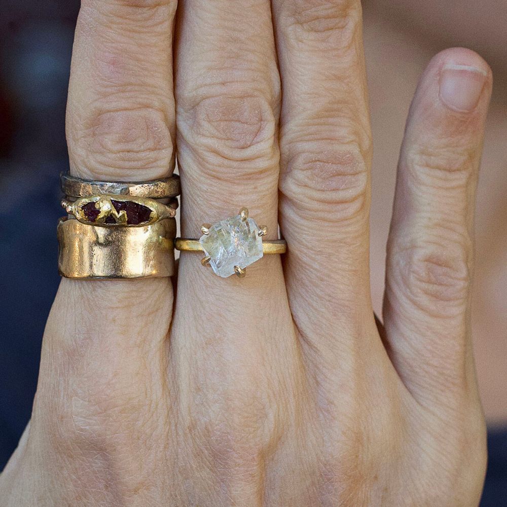 Goshenite Medium Stone Ring on a 2MM Gold Skinny Seamed Band