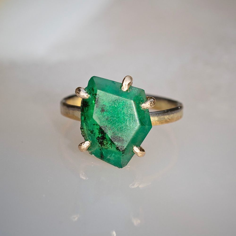 Zambian Emerald Medium Stone Ring on a 2MM Gold Skinny Seamed Band