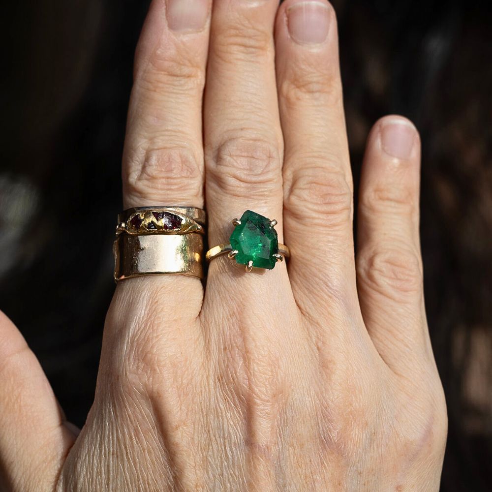 Zambian Emerald Medium Stone Ring on a 2MM Gold Skinny Seamed Band