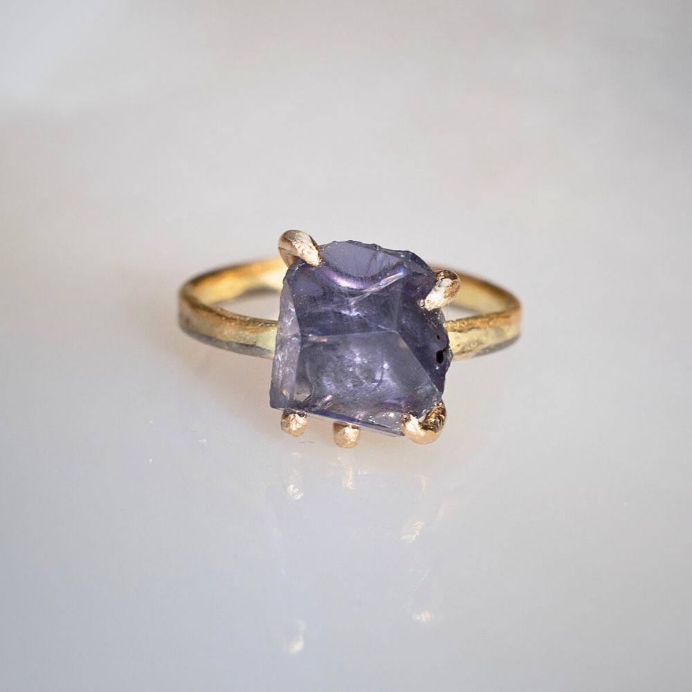 Iolite Medium Stone Ring on a 2MM Gold Skinny Seamed Band