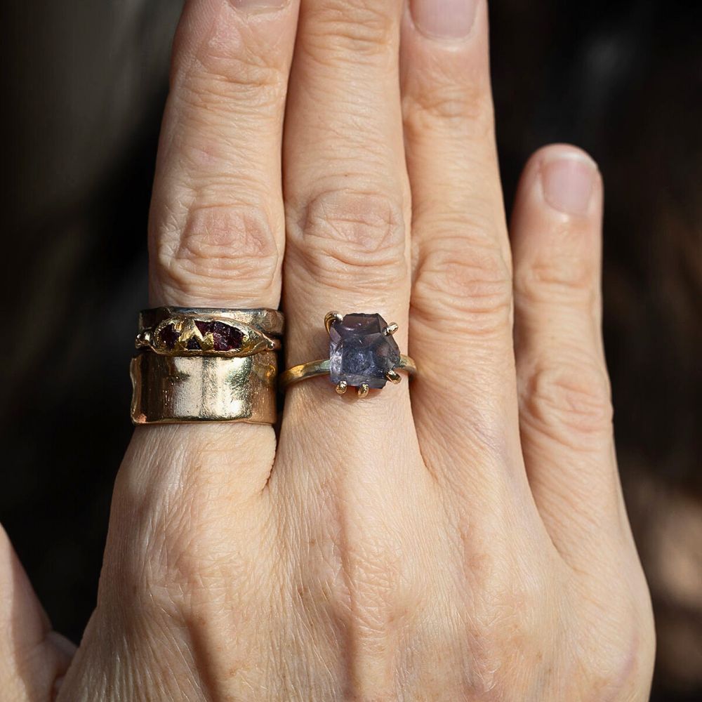 Iolite Medium Stone Ring on a 2MM Gold Skinny Seamed Band