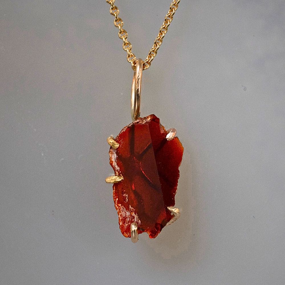 Mexican Fire Opal Small Pendant with a Yellow Gold Cable Chain