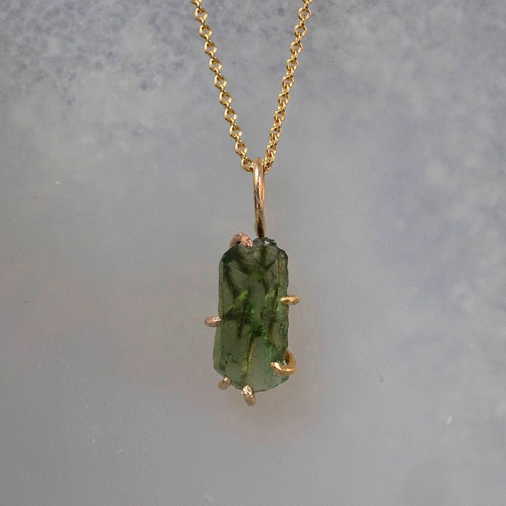 Moldavite Small Pendant with a Yellow Gold Cable Chain