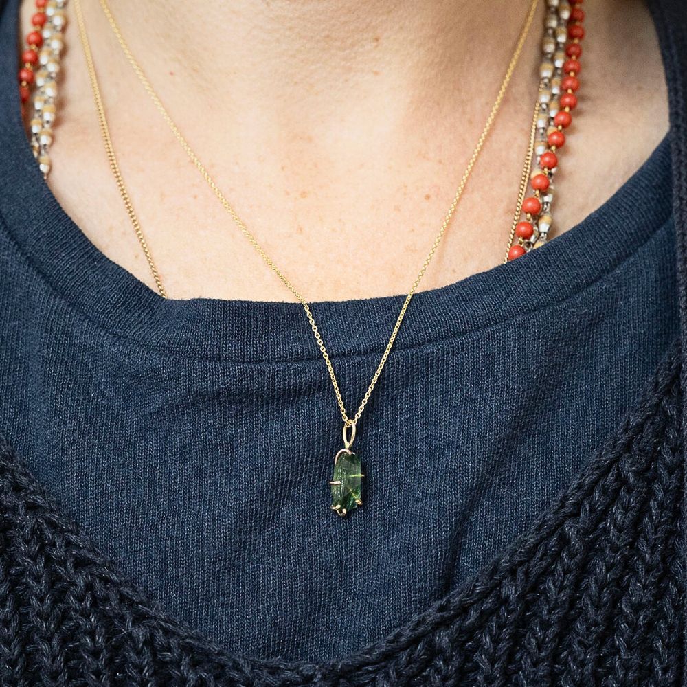 Moldavite Small Pendant with a Yellow Gold Cable Chain