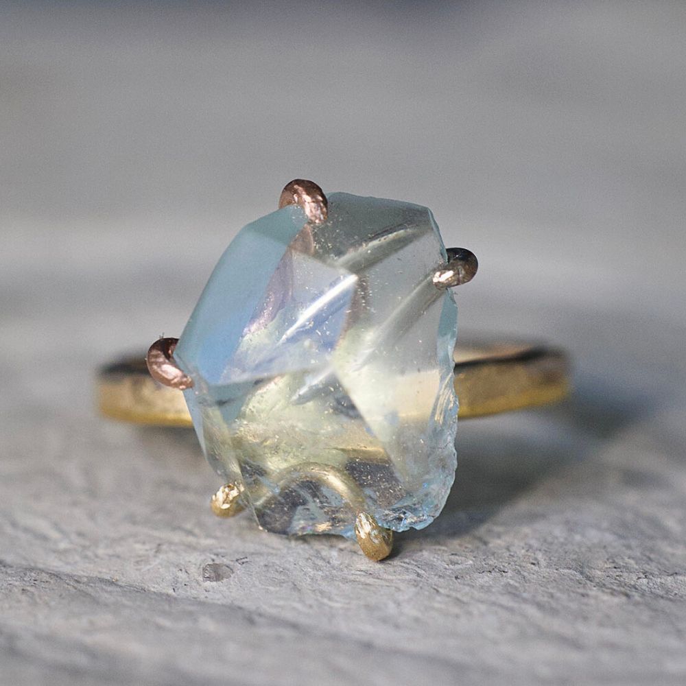 Aquamarine Medium Stone Ring on our 2MM Gold Skinny Seamed Band