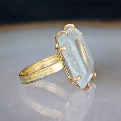 Aquamarine Large Stone Ring on a 3MM Gold Skinny Seamed Band