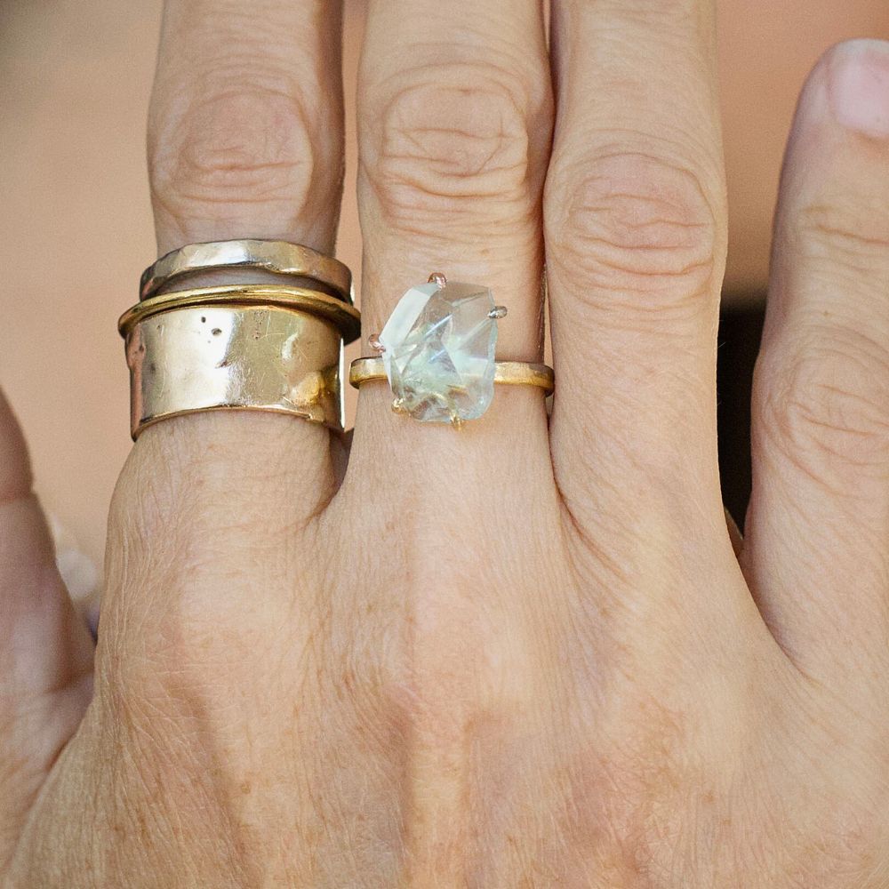 Aquamarine Medium Stone Ring on our 2MM Gold Skinny Seamed Band