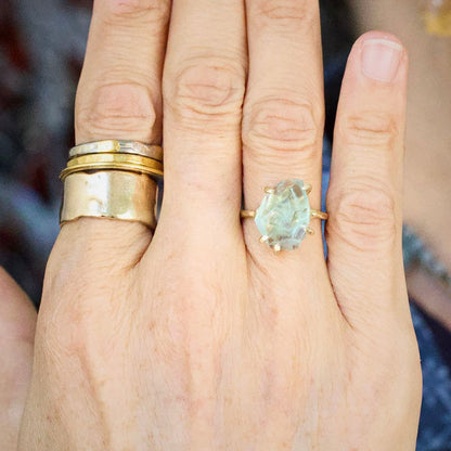 Aquamarine Medium Stone Ring on a Yellow Gold Embedded Band