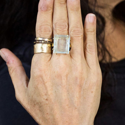 Aquamarine Large Stone Ring on a 3MM Gold Skinny Seamed Band