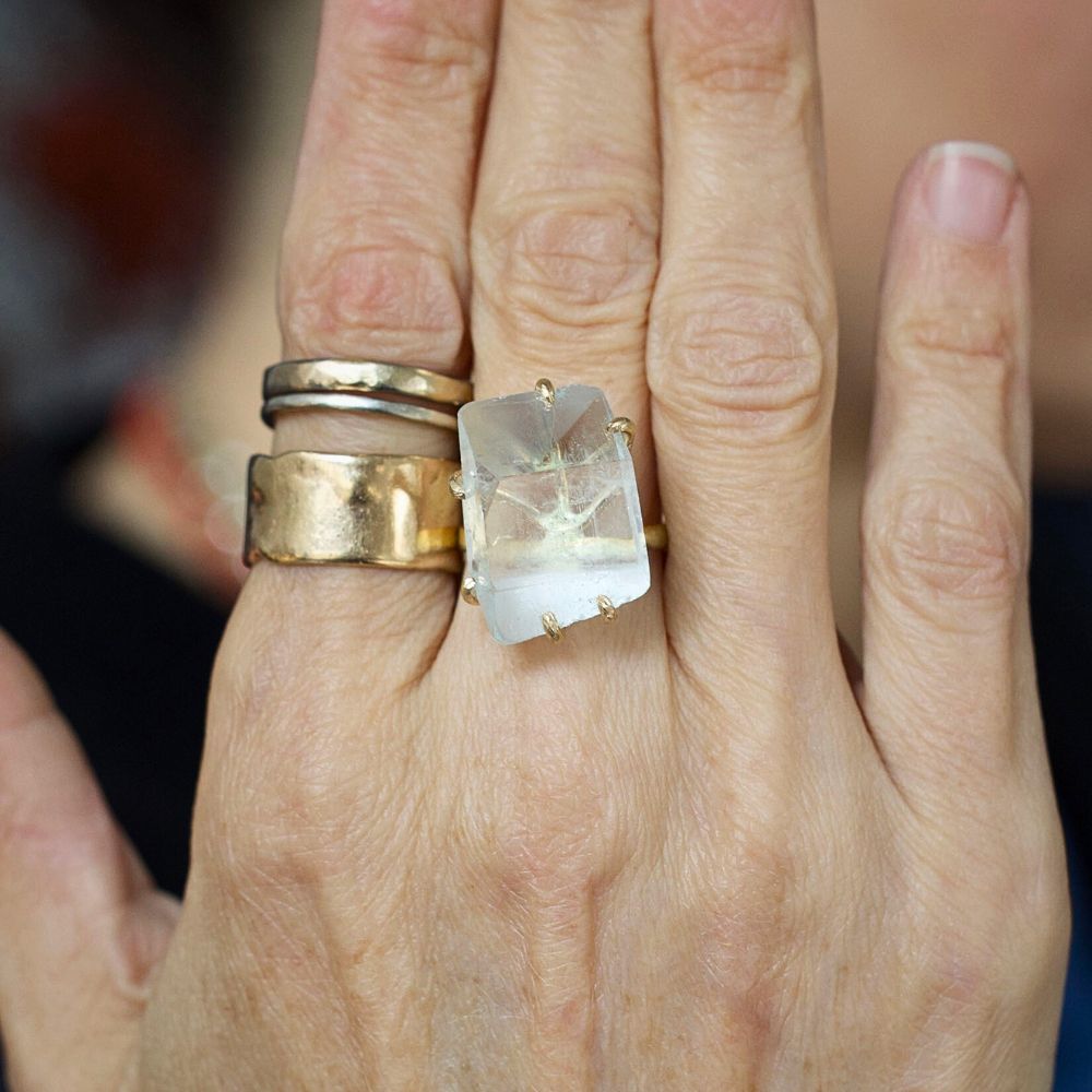 Aquamarine Large Stone Ring on our 2MM Gold Skinny Seamed Band