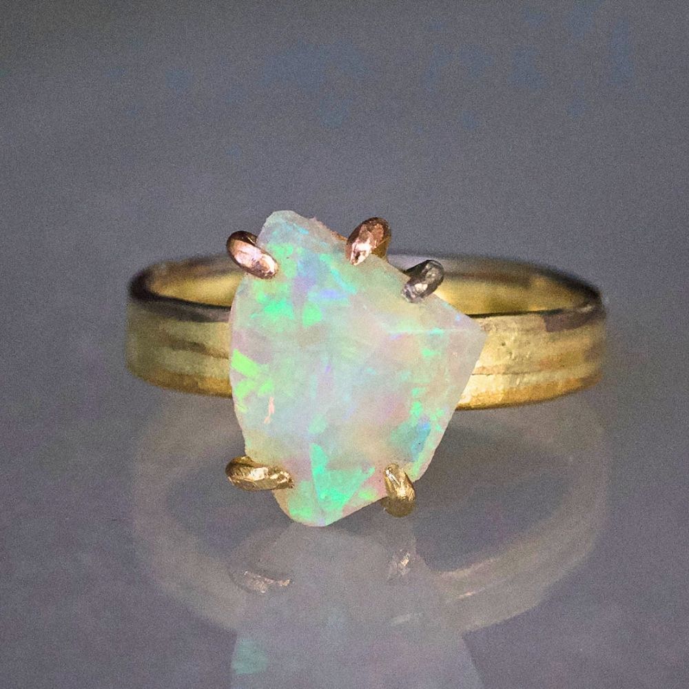 Australian Exceptional Opal Medium Stone Ring on our 3MM Gold Skinny Seamed Band