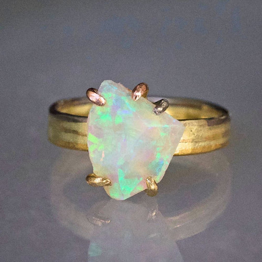 Australian Exceptional Opal Medium Stone Ring on our 3MM Gold Skinny Seamed Band