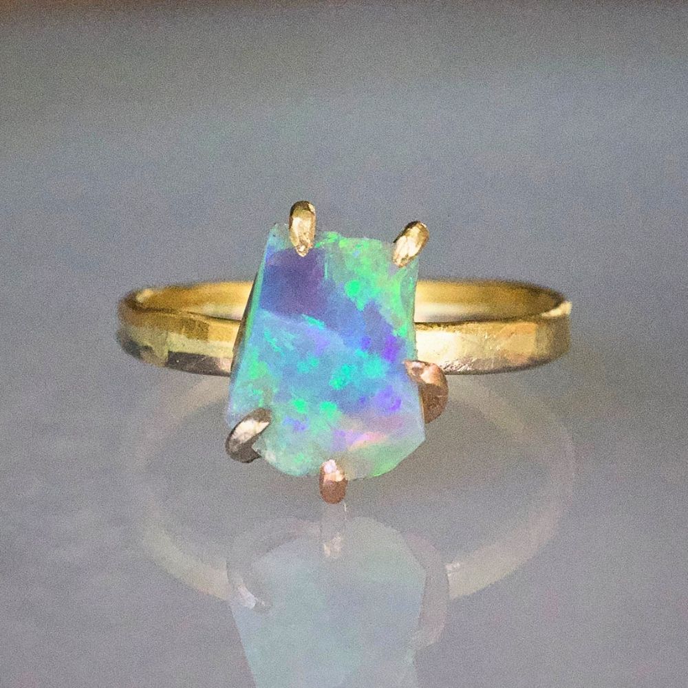 Australian Exceptional Opal Medium Stone Ring on our 2MM Gold Skinny Seamed Band