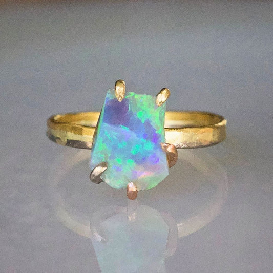 Australian Exceptional Opal Medium Stone Ring on our 2MM Gold Skinny Seamed Band
