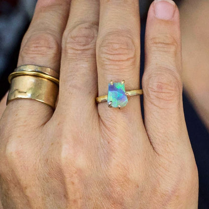 Australian Exceptional Opal Medium Stone Ring on our 2MM Gold Skinny Seamed Band