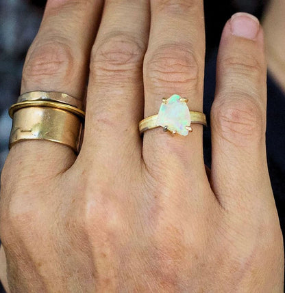 Australian Exceptional Opal Medium Stone Ring on our 3MM Gold Skinny Seamed Band