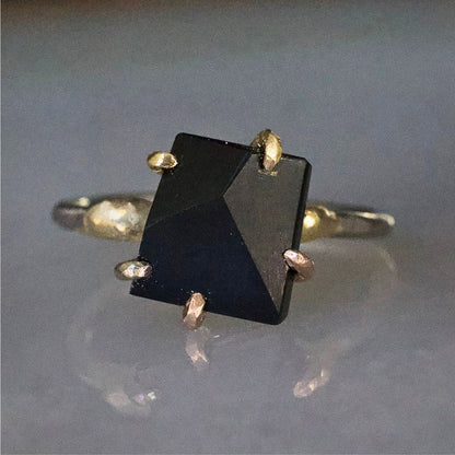 Wyoming Black Jade Medium Stone Ring on a Palladium and Gold Band
