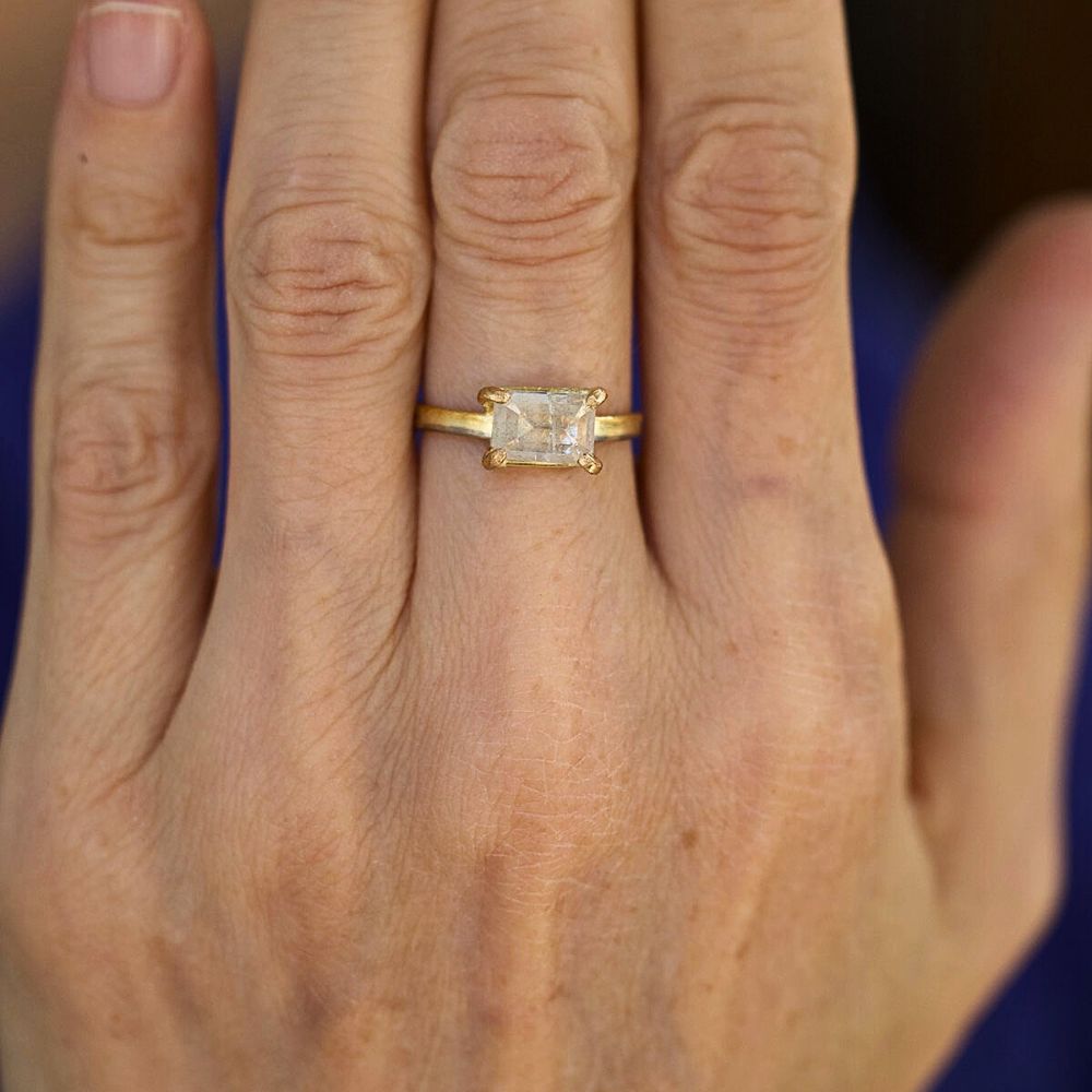 East/West 2CT White Emerald Cut Diamond on Our 2MM Skinny Seamed Band