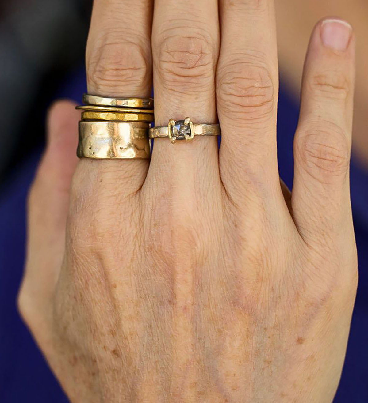 Salt and Pepper .56CT Rose Cut Diamond on our Palladium and Gold Skinny Seamed Band