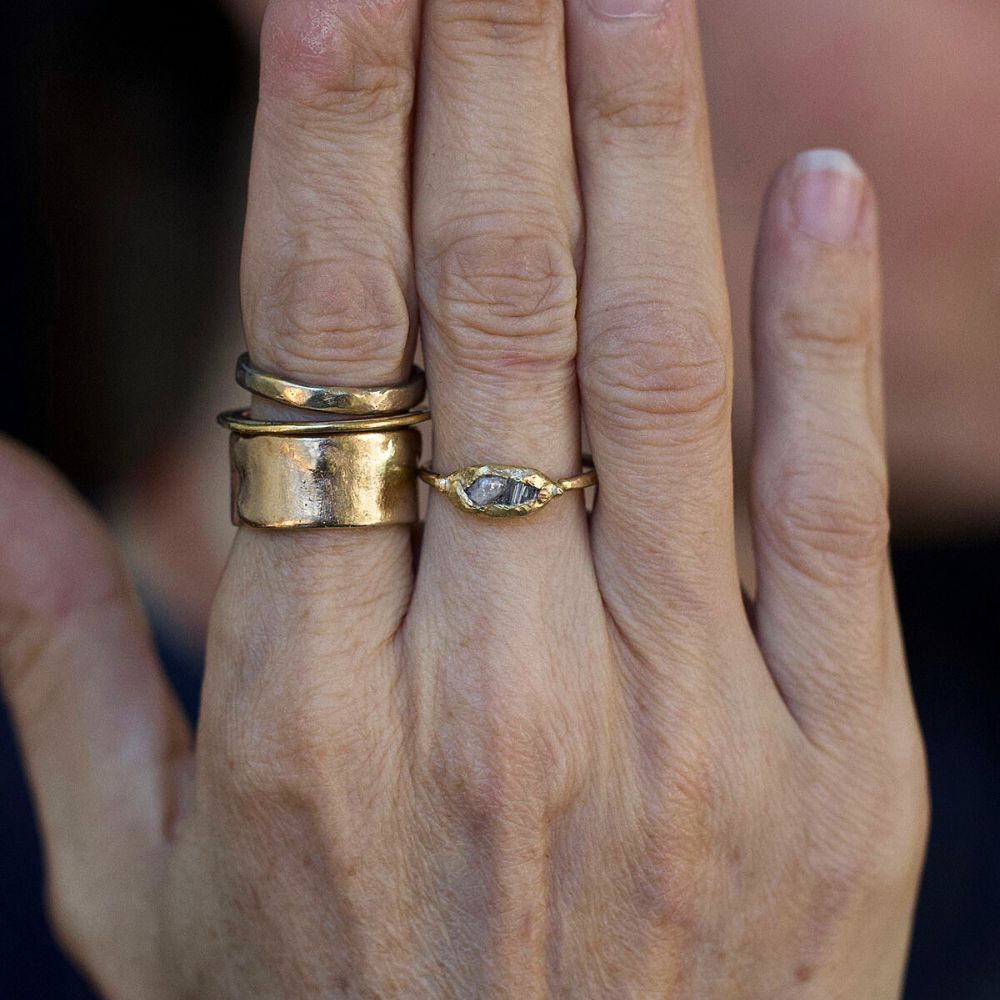 Rough and Baguette Diamond Band Mini with a Yellow Gold  Band