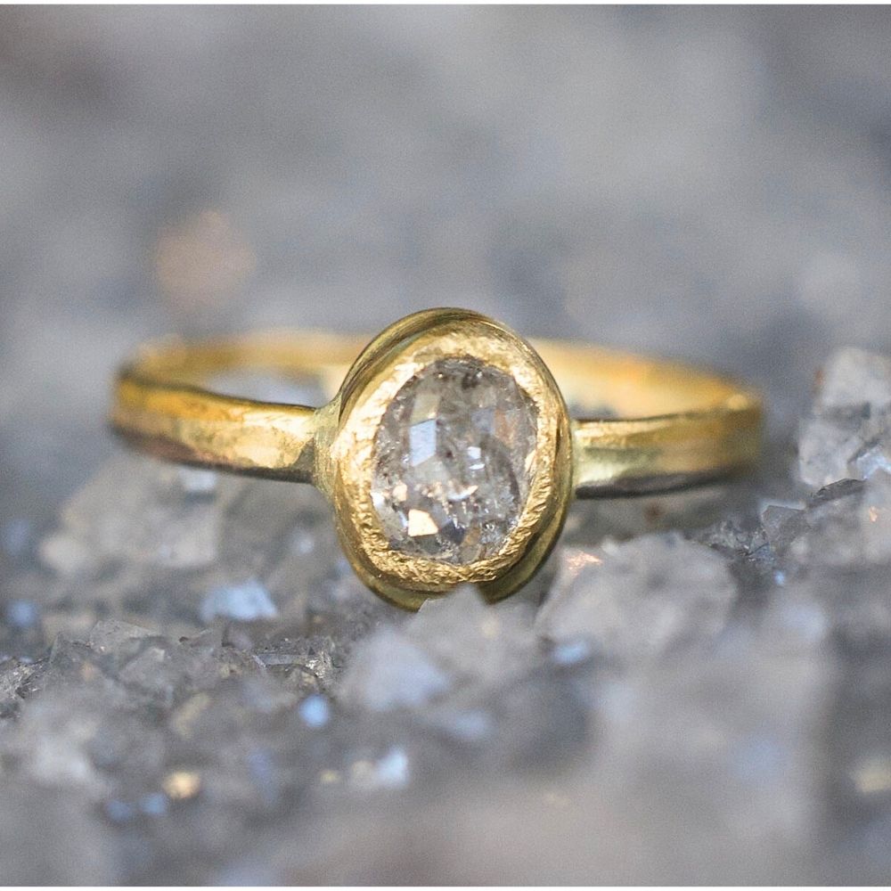 White 1 .1 CT Rose Cut Diamond on our Gold Skinny Seamed Band