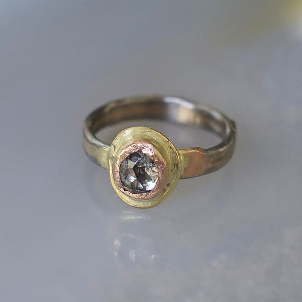 Salt and Pepper 1.25CT Rose Cut Diamond on our Palladium and Gold Skinny Seamed Band