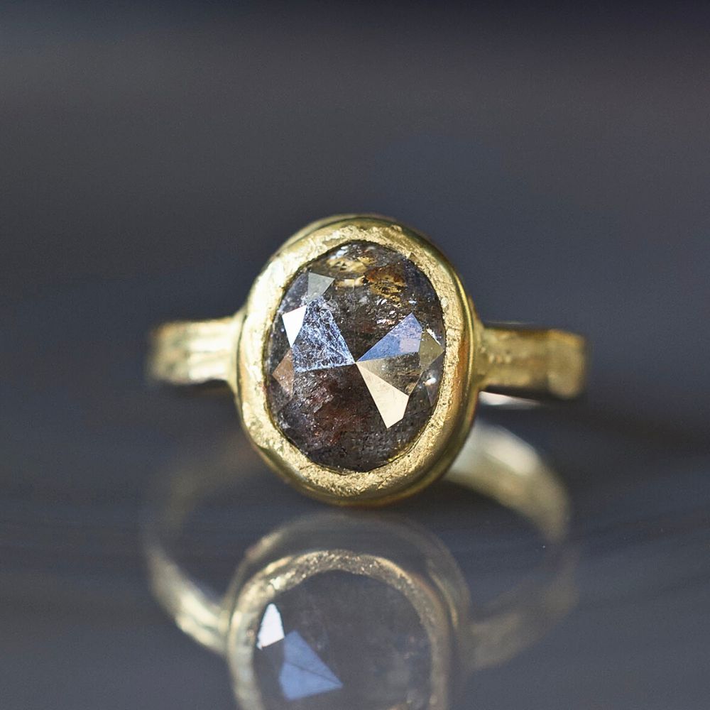 Salt and Pepper 4.58CT Rose Cut Diamond on our 3MM Gold Skinny Seamed Band