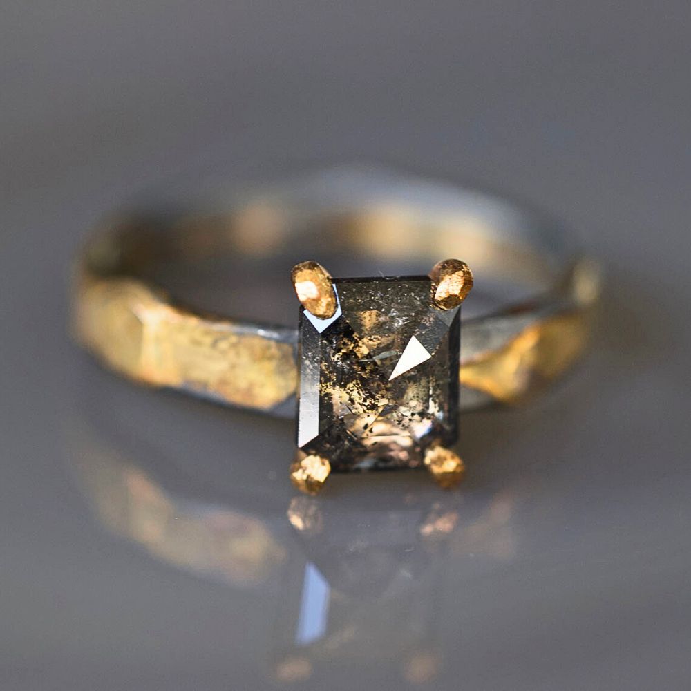 Dark Salt and Pepper 1.68CT Rose Cut Diamond Ring on our Gold and Silver Skinny Seamed Band